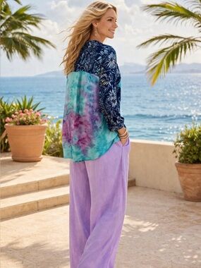 Soft Surroundings Corales Mixed Print Lightweight Button Front Tunic Top Sz L💛